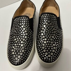 Vince Camuto Black Leather Silver Studded Slip-On Sneakers, Shoes w Rubber Sole